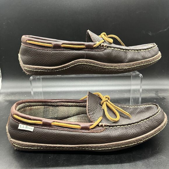 LL Bean Handsewn Brown Mens Sz 9 Moccasin Slippers Leather Flannel Lined 212164 - Picture 1 of 7
